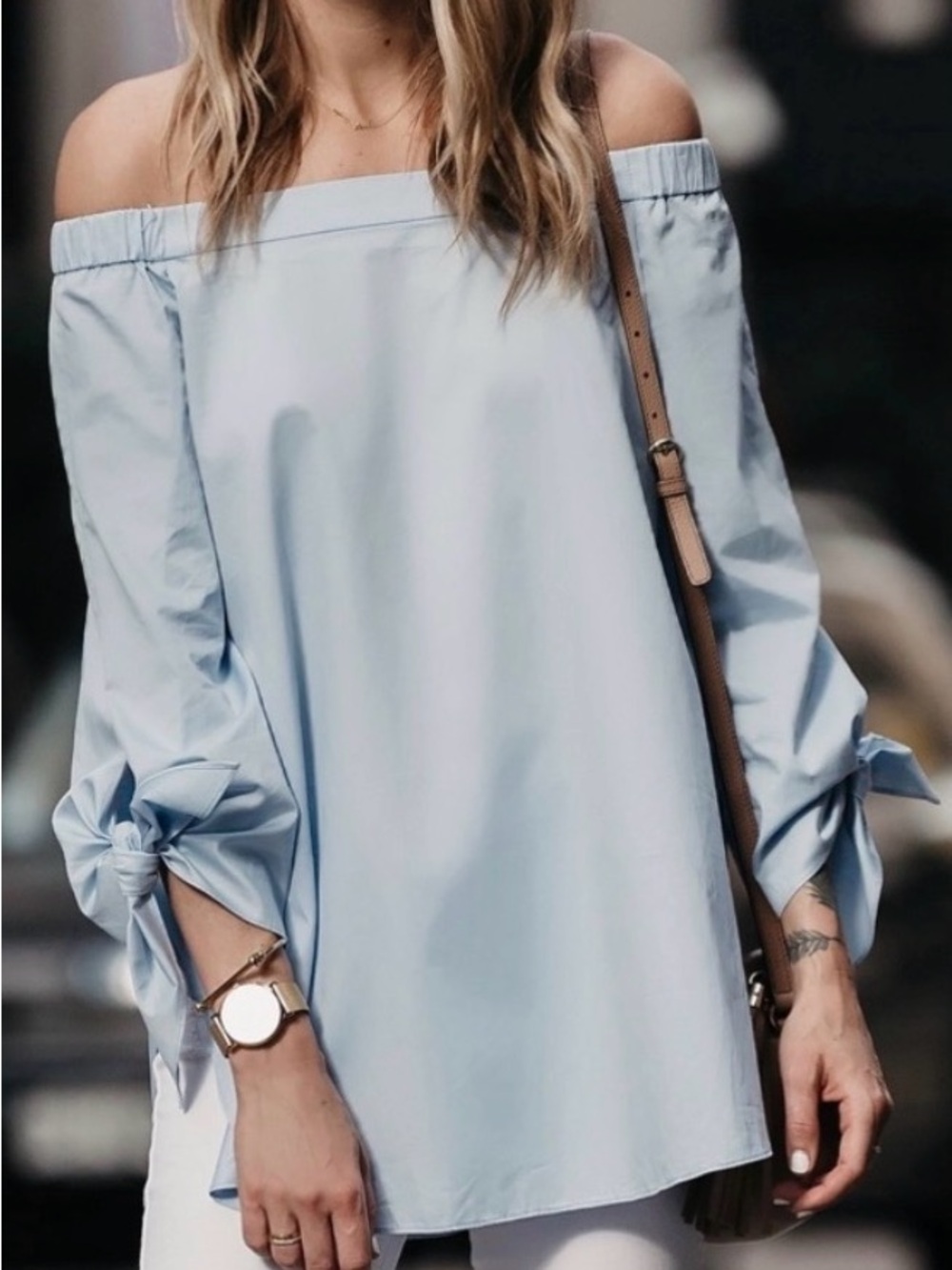 Tibi Off-Shoulder Light Blue Denim Tunic Top